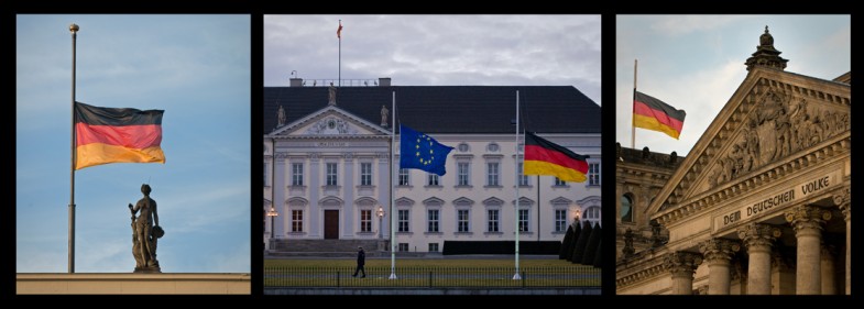 Die Fahnen stehen (v.l.n.r.) an der Humboldtuniversität, Schloss Bellevue und am Reichstagsgebäude in Berlin. am Donnerstag (23.02.2012) im Zeichen von Staatstrauer auf Halbmast.